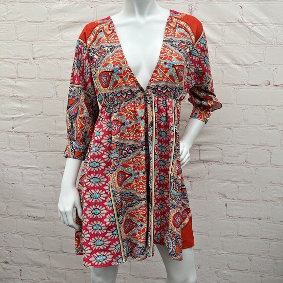 Women's Bohemian Short Floral Dress V-Neck, 3/4 Sleeve Outfit Size S - Picture 2 of 15